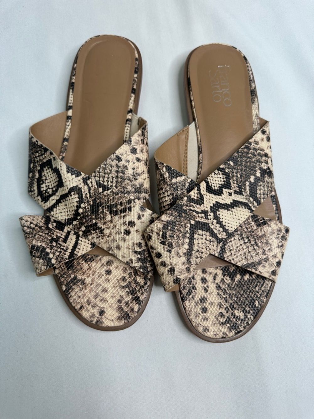 Franco Sarto Taupe & Black Snake-Print Crisscross Slide Sandal